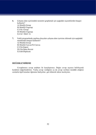 6.    Çalışma alanı içerisindeki nesneleri gruplamak için aşağıdaki seçeneklerden hangisi
      kullanılır?
      A) Modify/Group
      B) Modify/Ungroup
      C) File /Group
      D) Modify/Ungroup
      E) Ctrl +Shift +G

7.    Farklı programlarda yapılmış dosyaları çalışma alanı içerisine eklemek için aşağıdaki
      menülerden hangisi kullanılır?
      A) Modify/Group
      B) Modify/Canvas/Fit Canvas
      C) File/Import
      D) File/Open Recent
      E) Edit/Duplicate




DEĞERLENDİRME

      Cevaplarınızı cevap anahtarı ile karşılaştırınız. Doğru cevap sayınızı belirleyerek
kendinizi değerlendiriniz. Yanlış cevap verdiğiniz ya da cevap verirken tereddüt ettiğiniz
sorularla ilgili konuları öğrenme faaliyetine geri dönerek tekrar inceleyiniz.




                                            52
 