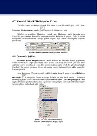 4.7. Yuvarlak Köşeli Dikdörtgenler Çizme
      Yuvarlak köşeli dikdörtgen çizmek için, önce normal bir dikdörtgen çizilir. Araç

kutusunda dikdörtgen (rectangle)            simgesi ile dikdörtgen çizilir.
      Köşeleri yuvarlatılmış dikdörtgen çizmek için dikdörtgen seçili durumda iken
Properties penceresinde Rectangle roundness özelliği kullanılarak yapılır. Değer 0 (sıfır)
olduğunda yuvarlatılmamıştır. Buraya girilen değere bağlı olarak dikdörtgenin köşeleri
yuvarlatılır.




                      Şekil 4.9: Dikdörtgen (Rectangle) şeklinin özellikleri

4.8. Otomatik Şekiller
        Otomatik (Auto Shapes) şekiller, belirli kurallar ve özellikler içeren gruplanmış
vektör nesneleridir. Diğer şekillerden farklı olarak, dört köşe noktasının yanı sıra karo
şeklinde kontrol noktaları da içerir. Her kontrol noktası şeklin belirli bir görsel özelliğiyle
ilişkilidir. Bir kontrol noktasına farenin sol tuşu ile basılıp sürüklendiğinde şeklin sadece bir
kısmı değiştirilir.
      Araç kutusunda (Tools) otomatik şekilleri (auto shapes) seçmek için dikdörtgen

(rectangle)         simgesine farenin sol tuşu ile belli bir süre basılı tutulur. Dikdörtgen
(rectangle) grubu açılır. Grup içerisinde istenen otomatik şekil (Auto Shapes) (Şekil 4.10)
seçilir. Otomatik şekil araç kutusunda seçildikten sonra çalışma alanı içerisinde istenen yere
farenin sol tuşu kullanılarak şekil çizilir.




                              Şekil 4.10: Araç Kutusunda (Tools)
                            otomatik şekillerin (auto shapes) seçimi

                                               58
 