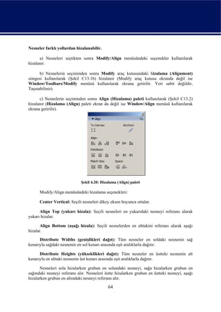 Nesneler farklı yollardan hizalanabilir.

      a) Nesneleri seçtikten sonra Modify/Align menüsündeki seçenekler kullanılarak
hizalanır.

      b) Nesnelerin seçiminden sonra Modify araç kutusundaki hizalama (Alignment)
simgesi kullanılarak (Şekil C13.1b) hizalanır (Modify araç kutusu ekranda değil ise
Window/Toolbars/Modify menüsü kullanılarak ekrana getirilir. Yeri sabit değildir,
Taşınabilinir).

      c) Nesnelerin seçiminden sonra Align (Hizalama) paleti kullanılarak (Şekil C13.2)
hizalanır (Hizalama (Align) paleti ekran da değil ise Window/Align menüsü kullanılarak
ekrana getirilir).




                             Şekil 4.20: Hizalama (Align) paleti

      Modify/Align menüsündeki hizalama seçenekleri:

      Center Vertical: Seçili nesneleri dikey eksen boyunca ortalar.

      Align Top (yukarı hizala): Seçili nesneleri en yukarıdaki nesneyi referans alarak
yukarı hizalar.

       Align Bottom (aşağı hizala): Seçili nesnelerden en alttakini referans alarak aşağı
hizalar.
      Distribute Widths (genişlikleri dağıt): Tüm nesneler en soldaki nesnenin sağ
kenarıyla sağdaki nesnenin en sol kenarı arasında eşit aralıklarla dağıtır.

      Distribute Heights (yükseklikleri dağıt): Tüm nesneler en üstteki nesnenin alt
kenarıyla en alttaki nesnenin üst kenarı arasında eşit aralıklarla dağıtır.

       Nesneleri sola hizalarken grubun en solundaki nesneyi, sağa hizalarken grubun en
sağındaki nesneyi referans alır. Nesneleri üstte hizalarken grubun en üstteki nesneyi, aşağı
hizalarken grubun en altındaki nesneyi referans alır.

                                             64
 