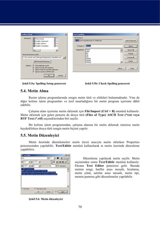 Şekil 5.5a: Spelling Setup penceresi           Şekil 5.5b: Check Spelling penceresi

5.4. Metin Alma
      Resim işleme programlarında zengin metin türü ve efektleri bulunmaktadır. Yine de
diğer kelime işlem programları ve özel tasarladığınız bir metni program içerisine dâhil
edebilir.
      Çalışma alanı içerisine metin eklemek için File/Import (Ctrl + R) menüsü kullanılır.
Metin eklemek için gelen pencere de dosya türü (Files of Type) ASCII Text (*txt) veya
RTF Text (*.rtf) seçeneklerinden biri seçilir.
     Bir kelime işlem programından, çalışma alanına bir metin eklemek istenirse metin
kaydedilirken dosya türü zengin metin biçimi yapılır.

5.5. Metin Düzenleyici
      Metin üzerinde düzenlemeleri metin (text) aracıyla metin eklerken Properties
penceresinden yapılabilir. Text/Editör menüsü kullanılarak ta metin üzerinde düzenleme
yapabiliriz.

                                               Düzenleme yapılacak metin seçilir. Metin
                                         seçiminden sonra Text/Editör menüsü kullanılır.
                                         Ekrana Text Editor penceresi gelir. Burada
                                         metnin rengi, harfler arası mesafe, hizalama,
                                         metin yönü, satırlar arası mesafe, metin tipi,
                                         metnin puntosu gibi düzenlemeler yapılabilir.




      Şekil 5.6: Metin düzenleyici

                                           70
 