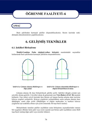 ÖĞRENME FAALİYETİ–6

                   ÖĞRENME FAALİYETİ–6
 AMAÇ

     Basit şekillerden karmaşık şekiller oluşturabileceksiniz. Resim üzerinde renk-
dönüşüm düzenlemelerini yapabileceksiniz.



                   6. GELİŞMİŞ TEKNİKLER
6.1. Şekilleri Birleştirme
      Modify/Combine Paths (değiştir/yolları birleştir) menüsündeki                 seçenekler
kullanılarak basit şekillerden karmaşık şekillerin oluşturabilirsiniz.




 Şekil 6.1a: Çalışma alanına dikdörtgen ve      Şekil 6.1b: Çalışma alanındaki dikdörtgen ve
                 elips çizimi                           elipsin birleştirilmesi (Union)

       Çalışma alanına ilk önce birleştirilecek şekiller çizilir. Şekilleri düzgün çizmek için
cetveller ekrana getirilir. Cetvelleri ekran da göstermek için View/Rulers (Ctrl+ R) menüsü
kullanılır. Fare imleci cetvel üzerinde iken farenin sol tuşuna basılıp çalışma alanı içerisine
kılavuz çizgileri yerleştirilir. Kılavuz çizgilerini yerleştirdikten sonra çalışma alanına önce
dikdörtgen, sonra elips çizilir (Dikdörtgen ve elipsin merkezden ve merkezi kılavuz
çizgilerine eşit uzaklıkta olması için çizim esnasında Alt tuşu basılı tutulur).

       Birleştirilmek istenilen şekiller seçildikten sonra birleştirme seçeneklerinden istenen
biri uygulanır (Birden fazla şekil veya resim seçmek için birinci şekil seçildikten sonra Shift
tuşu basılı tutulup diğer şekil veya resimler tıklanır).



                                              76
 
