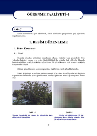 ÖĞRENME FAALİYETİ–1

                   ÖĞRENME FAALİYETİ–1

 AMAÇ
      Resim formatlarını ayırt edebilecek, resim düzenleme programının giriş ayarlarını
yapabileceksiniz.


                      1. RESİM DÜZENLEME
1.1. Temel Kavramlar

1.1.1. Piksel

      Ekranda oluşulan görüntüler noktalardan oluşur. Noktalar kare şeklindedir. Çok
yakından bakıldığı zaman veya resim büyütüldüğünde bu noktalar fark edilebilir. Ekranda
kontrol edilebilen en küçük noktalara piksel denir. Bir piksel kırmızı, yeşil ve mavi renklerin
karışımından oluşur.

      Bitmap (piksel tabanlı) resim programları, ölçü birimi olarak piksel kullanırlar.

      Piksel yoğunluğu arttırılırsa görüntü netleşir. Çok fazla arttırıldığında ise dosyanın
kapasitesinin artmasına, ayrıca yazdırılırken zaman kaybına ve mürekkep sarfiyatına neden
olur.




                      Şekil 1.1                                       Şekil 1.2
Normal boyuttaki bir resim de piksellerin kare                Resim büyütüldüğünde (32 Kat)
olduğu belirgin değildir                               piksellerin kare olduğu anlaşılır. Her
                                                       bir piksel tek renkten oluşur.


                                              3
 