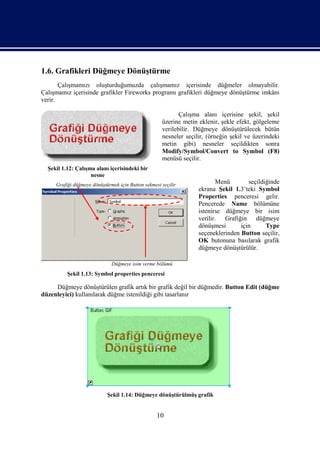 1.6. Grafikleri Düğmeye Dönüştürme
       Çalışmamızı oluşturduğumuzda çalışmamız içerisinde düğmeler olmayabilir.
Çalışmamız içerisinde grafikler Fireworks programı grafikleri düğmeye dönüştürme imkânı
verir.

                                                            Çalışma alanı içerisine şekil, şekil
                                                     üzerine metin eklenir, şekle efekt, gölgeleme
                                                     verilebilir. Düğmeye dönüştürülecek bütün
                                                     nesneler seçilir, (örneğin şekil ve üzerindeki
                                                     metin gibi) nesneler seçildikten sonra
                                                     Modify/Symbol/Convert to Symbol (F8)
                                                     menüsü seçilir.
  Şekil 1.12: Çalışma alanı içerisindeki bir
                    nesne
     Grafiği düğmeye dönüştürmek için Button sekmesi seçilir
                                                                          Menü        seçildiğinde
                                                                   ekrana Şekil 1.3’teki Symbol
                                                                   Properties penceresi gelir.
                                                                   Pencerede Name bölümüne
                                                                   istenirse düğmeye bir isim
                                                                   verilir. Grafiğin düğmeye
                                                                   dönüşmesi       için      Type
                                                                   seçeneklerinden Button seçilir,
                                                                   OK butonuna basılarak grafik
                                                                   düğmeye dönüştürülür.

                              Düğmeye isim verme bölümü
          Şekil 1.13: Symbol properties penceresi

     Düğmeye dönüştürülen grafik artık bir grafik değil bir düğmedir. Button Edit (düğme
düzenleyici) kullanılarak düğme istenildiği gibi tasarlanır




                            Şekil 1.14: Düğmeye dönüştürülmüş grafik


                                                   10
 