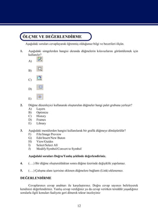 ÖLÇME VE DEĞERLENDİRME
 ÖLÇME VE DEĞERLENDİRME
     Aşağıdaki soruları cevaplayarak öğrenmiş olduğunuz bilgi ve becerileri ölçün.

1.     Aşağıdaki simgelerden hangisi ekranda düğmelerin kılavuzlarını görüntülemek için
       kullanılır?

       A)

       B)

       C)

       D)


       E)

2.     Düğme düzenleyici kullanarak oluşturulan düğmeler hangi palet grubuna yerleşir?
       A)  Layers
       B)  Optimize
       C)  History
       D)  Frames
       E)  Library

3.     Aşağıdaki menülerden hangisi kullanılarak bir grafik düğmeye dönüştürülür?
       F)   File/Image Preview
       G)   Edit/Insert/New Buton
       H)   View/Guides
       İ)   Select/Select All
       J)   Modify/Symbol/Convert to Symbol

       Aşağıdaki soruları Doğru/Yanlış şeklinde değerlendiriniz.

4.     (….) Bir düğme oluşturulduktan sonra düğme üzerinde değişiklik yapılamaz.

5.     (….) Çalışma alanı içerisine eklenen düğmelere bağlantı (Link) eklenemez.

DEĞERLENDİRME

      Cevaplarınızı cevap anahtarı ile karşılaştırınız. Doğru cevap sayınızı belirleyerek
kendinizi değerlendiriniz. Yanlış cevap verdiğiniz ya da cevap verirken tereddüt yaşadığınız
sorularla ilgili konuları faaliyete geri dönerek tekrar inceleyiniz



                                             12
 