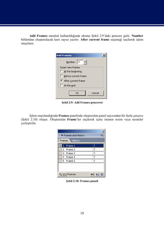 Add Frames menüsü kullanıldığında ekrana Şekil 2.9’daki pencere gelir. Number
bölümüne oluşturulacak kare sayısı yazılır. After current frame seçeneği seçilerek işlem
onaylanır.




                              Şekil 2.9: Add Frames penceresi



       İşlem onaylandığında Frames panelinde oluşturulan panel sayısından bir fazla çerçeve
(Şekil 2.10) oluşur. Oluşturulan Frame’ler seçilerek içine istenen resim veya nesneler
yerleştirilir.




                                 Şekil 2.10: Frames paneli




                                            18
 