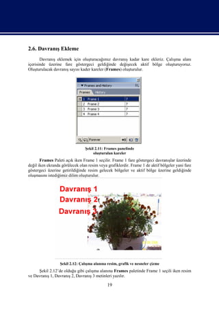 2.6. Davranış Ekleme
       Davranış eklemek için oluşturacağımız davranış kadar kare ekleriz. Çalışma alanı
içerisinde üzerine fare göstergeci geldiğinde değişecek aktif bölge oluşturuyoruz.
Oluşturulacak davranış sayısı kader kareler (Frames) oluşturulur.




                                Şekil 2.11: Frames panelinde
                                     oluşturulan kareler
       Frames Paleti açık iken Frame 1 seçilir. Frame 1 fare göstergeci davranışlar üzerinde
değil iken ekranda görülecek olan resim veya grafiklerdir. Frame 1 de aktif bölgeler yani fare
göstergeci üzerine getirildiğinde resim gelecek bölgeler ve aktif bölge üzerine geldiğinde
oluşmasını istediğimiz dilim oluşturulur.




                  Şekil 2.12: Çalışma alanına resim, grafik ve nesneler çizme
     Şekil 2.12’de olduğu gibi çalışma alanına Frames paletinde Frame 1 seçili iken resim
ve Davranış 1, Davranış 2, Davranış 3 metinleri yazılır.

                                              19
 
