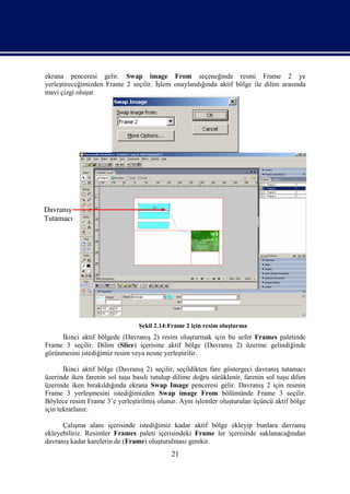 ekrana penceresi gelir. Swap image From seçeneğinde resmi Frame 2 ye
yerleştireceğimizden Frame 2 seçilir. İşlem onaylandığında aktif bölge ile dilim arasında
mavi çizgi oluşur.




Davranış
Tutamacı




                                 Şekil 2.14:Frame 2 için resim oluşturma
     İkinci aktif bölgede (Davranış 2) resim oluşturmak için bu sefer Frames paletinde
Frame 3 seçilir. Dilim (Slice) içerisine aktif bölge (Davranış 2) üzerine gelindiğinde
görünmesini istediğimiz resim veya nesne yerleştirilir.

       İkinci aktif bölge (Davranış 2) seçilir, seçildikten fare göstergeci davranış tutamacı
üzerinde iken farenin sol tuşu basılı tutulup dilime doğru sürüklenir, farenin sol tuşu dilim
üzerinde iken bırakıldığında ekrana Swap Image penceresi gelir. Davranış 2 için resmin
Frame 3 yerleşmesini istediğimizden Swap image From bölümünde Frame 3 seçilir.
Böylece resim Frame 3’e yerleştirilmiş olunur. Aynı işlemler oluşturulan üçüncü aktif bölge
için tekrarlanır.

      Çalışma alanı içerisinde istediğimiz kadar aktif bölge ekleyip bunlara davranış
ekleyebiliriz. Resimler Frames paleti içerisindeki Frame ler içerisinde saklanacağından
davranış kadar karelerin de (Frame) oluşturulması gerekir.
                                             21
 