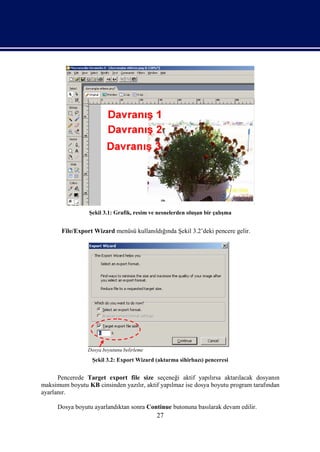 Şekil 3.1: Grafik, resim ve nesnelerden oluşan bir çalışma


       File/Export Wizard menüsü kullanıldığında Şekil 3.2’deki pencere gelir.




                 Dosya boyutunu belirleme
                  Şekil 3.2: Export Wizard (aktarma sihirbazı) penceresi


      Pencerede Target export file size seçeneği aktif yapılırsa aktarılacak dosyanın
maksimum boyutu KB cinsinden yazılır, aktif yapılmaz ise dosya boyutu program tarafından
ayarlanır.

      Dosya boyutu ayarlandıktan sonra Continue butonuna basılarak devam edilir.
                                            27
 
