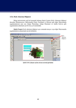 3.5.4. Hızlı Aktarma Düğmesi

      Belge penceresinin sağ üst kısmında bulanan Quick Export (Hızlı Aktarma) düğmesi
dosyaları Dreamweaver, Macromedia Flash, FreeHand ve Director gibi diğer Macromedia
uygulamalarının yanı sıra Adope Photoshop, Adope Illustrator ve Adobe GoLive gibi
uygulamalara aktarmak için bir kısa yol menüsüdür.

      Quick Export (hızlı aktarma) düğmesi aynı zamanda tarayıcı veya diğer Macromedia
uygulamalarını çalıştırmak için de kullanılır.


                                                                              Hızlı
                                                                              Aktarma
                                                                              Düğmesi




                    Şekil 3.18: Çalışma sayfası ekranı normal görünüm




                                           40
 