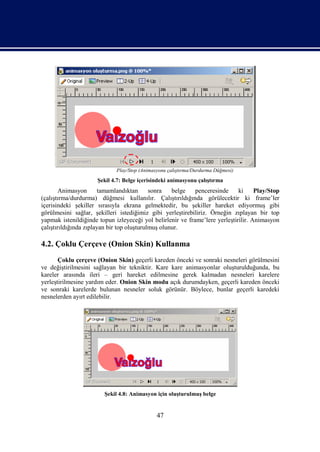 Play/Stop (Animasyonu çalıştırma/Durdurma Düğmesi)
                     Şekil 4.7: Belge içerisindeki animasyonu çalıştırma
        Animasyon       tamamlandıktan      sonra   belge   penceresinde     ki     Play/Stop
(çalıştırma/durdurma) düğmesi kullanılır. Çalıştırıldığında görülecektir ki frame’ler
içerisindeki şekiller sırasıyla ekrana gelmektedir, bu şekiller hareket ediyormuş gibi
görülmesini sağlar, şekilleri istediğimiz gibi yerleştirebiliriz. Örneğin zıplayan bir top
yapmak istenildiğinde topun izleyeceği yol belirlenir ve frame’lere yerleştirilir. Animasyon
çalıştırıldığında zıplayan bir top oluşturulmuş olunur.

4.2. Çoklu Çerçeve (Onion Skin) Kullanma
       Çoklu çerçeve (Onion Skin) geçerli kareden önceki ve sonraki nesneleri görülmesini
ve değiştirilmesini sağlayan bir tekniktir. Kare kare animasyonlar oluşturulduğunda, bu
kareler arasında ileri – geri hareket edilmesine gerek kalmadan nesneleri karelere
yerleştirilmesine yardım eder. Onion Skin modu açık durumdayken, geçerli kareden önceki
ve sonraki karelerde bulunan nesneler soluk görünür. Böylece, bunlar geçerli karedeki
nesnelerden ayırt edilebilir.




                        Şekil 4.8: Animasyon için oluşturulmuş belge


                                              47
 