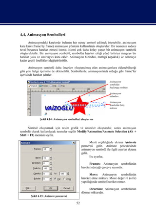 4.4. Animasyon Sembolleri
      Animasyondaki karelerde bulanan her nesne kontrol edilmek istenebilir, animasyon
kare kare (frame by frame) animasyon yöntemi kullanılarak oluşturulur. Bir nesnenin sadece
tuval boyunca hareket etmesi istenir, işlemi çok daha kolay yapan bir animasyon sembolü
oluşturulabilir. Bir animasyon sembolü, sembolün hareket ettiği yönü belirten simgeye bir
hareket yolu ve sınırlayıcı kutu ekler. Animasyon hızından, matlığa (opaklık) ve dönmeye
kadar çeşitli özellikleri değiştirilebilir.

       Animasyon sembolü daha önceden oluşturulmuş olan animasyonlara eklenebileceği
gibi yeni belge içerisine de eklenebilir. Sembollerde, animasyonlarda olduğu gibi frame’ler
içerisinde hareket ederler.

                                                                       Animasyon
                                                                       sembolün
                                                                       başlangıç noktası

                                                                       Animasyon
                                                                       adımları

                                                                       Animasyon
                                                                       sembolün bitiş
                                                                       noktası



               Şekil 4.14: Animasyon sembolleri oluşturma


      Sembol oluşturmak için resim grafik ve nesneler oluşturulur, sonra animasyon
sembolü olarak kullanılacak nesneler seçilir Modify/Animation/Animate Selection (Alt +
Shift + F8) menüsü seçilir.

                                                        Menü seçildiğinde ekrana Animate
                                                 penceresi gelir. Animate penceresinde
                                                 animasyon sembolü ile ilgili ayarlar ekrana
                                                 gelir.
                                                        Bu ayarlar,

                                                       Frames: Animasyon sembolünün
                                                 hareket edeceği çerçeve sayısıdır.

                                                       Move: Animasyon sembolünün
                                                 hareket etme miktarı. Move değeri 0 (sıfır)
                                                 yapıldığında sembol hareket etmez.

                                                      Direction: Animasyon sembolünün
                                                 dönme miktarıdır.
        Şekil 4.15: Animate penceresi

                                            52
 