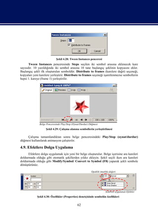 Şekil 4.28: Tween Instances penceresi
       Tween Instances penceresinde Steps seçilen iki sembol arasına eklenecek kare
sayısıdır. 10 yazıldığında iki sembol arasına 10 tane başlangıç şeklinin kopyasını ekler.
Başlangıç şekli ilk oluşturulan semboldür. Distribute to frames (karelere dağıt) seçeneği,
kopyaları yeni karelere yerleştirir. Distribute to frames seçeneği işaretlenmezse sembollerin
hepsi 1. kareye (frame 1) yerleştirilir.




               Belge Penceresinde Play/Stop (Oynat/Durdur) Düğmesi
                    Şekil 4.29: Çalışma alanına sembollerin yerleştirilmesi

     Çalışma tamamlandıktan sonra belge penceresindeki Play/Stop (oynat/durdur)
düğmesi kullanılarak animasyon çalıştırılır.

4.9. Efektlere Dolgu Uygulama
      Efektlere dolgu uygulamak için yeni bir belge oluşturulur. Belge içerisine ara kareleri
doldurmada olduğu gibi otomatik şekillerden yıldız ekleyin. Şekil seçili iken ara kareleri
doldurmada olduğu gibi Modify/Symbol/ Convert to Symbol (F8) yaparak şekli sembole
dönüştürünüz.

                                                            Opaklık (matlık) değeri




                                                                         Sembole uygulanan Efektler
             Şekil 4.30: Özellikler (Properties) denetçisinde sembolün özellikleri

                                                62
 
