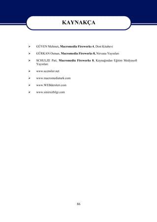 KAYNAKÇA

                       KAYNAKÇA
   GÜVEN Mehmet, Macromedia Fireworks 4, Dost Kitabevi

   GÜRKAN Osman, Macromedia Fireworks 8, Nirvana Yayınları

   SCHULZE Pati, Macromedia Fireworks 8, Kaynağından Eğitim Medyasoft
    Yayınları

   www.acemiler.net

   www.macromediaturk.com

   www.WEBdersleri.com

   www.sinirsizbilgi.com




                               86
 