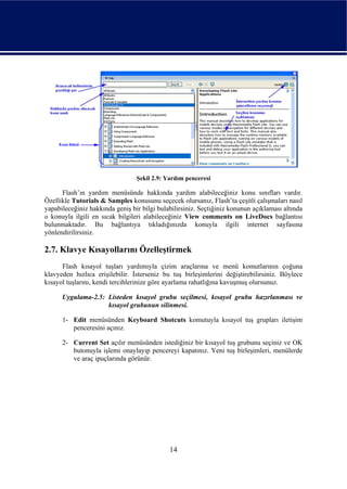 Şekil 2.9: Yardım penceresi

      Flash’ın yardım menüsünde hakkında yardım alabileceğiniz konu sınıfları vardır.
Özellikle Tutorials & Samples konusunu seçecek olursanız, Flash’ta çeşitli çalışmaları nasıl
yapabileceğiniz hakkında geniş bir bilgi bulabilirsiniz. Seçtiğiniz konunun açıklaması altında
o konuyla ilgili en sıcak bilgileri alabileceğiniz View comments on LiveDocs bağlantısı
bulunmaktadır. Bu bağlantıya tıkladığınızda konuyla ilgili internet sayfasına
yönlendirilirsiniz.

2.7. Klavye Kısayollarını Özelleştirmek
      Flash kısayol tuşları yardımıyla çizim araçlarına ve menü komutlarının çoğuna
klavyeden hızlıca erişilebilir. İsterseniz bu tuş birleşimlerini değiştirebilirsiniz. Böylece
kısayol tuşlarını, kendi tercihlerinize göre ayarlama rahatlığına kavuşmuş olursunuz.

      Uygulama-2.5: Listeden kısayol grubu seçilmesi, kısayol grubu hazırlanması ve
                    kısayol grubunun silinmesi.

      1- Edit menüsünden Keyboard Shotcuts komutuyla kısayol tuş grupları iletişim
         penceresini açınız.

      2- Current Set açılır menüsünden istediğiniz bir kısayol tuş grubunu seçiniz ve OK
         butonuyla işlemi onaylayıp pencereyi kapatınız. Yeni tuş birleşimleri, menülerde
         ve araç ipuçlarında görünür.




                                             14
 