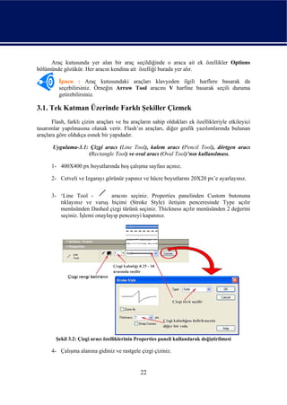 Araç kutusunda yer alan bir araç seçildiğinde o araca ait ek özellikler Options
bölümünde gözükür. Her aracın kendina ait özelliği burada yer alır.

         İpucu : Araç kutusundaki araçları klavyeden ilgili harflere basarak da
         seçebilirsiniz. Örneğin Arrow Tool aracını V harfine basarak seçili duruma
         getirebilirsiniz.

3.1. Tek Katman Üzerinde Farklı Şekiller Çizmek
       Flash, farklı çizim araçları ve bu araçların sahip oldukları ek özellikleriyle etkileyici
tasarımlar yapılmasına olanak verir. Flash’ın araçları, diğer grafik yazılımlarında bulunan
araçlara göre oldukça esnek bir yapıdadır.

       Uygulama-3.1: Çizgi aracı (Line Tool), kalem aracı (Pencil Tool), dörtgen aracı
                    (Rectangle Tool) ve oval aracı (Oval Tool)’nın kullanılması.

      1- 400X400 px boyutlarında boş çalışma sayfası açınız.

      2- Cetveli ve Izgarayı görünür yapınız ve hücre boyutlarını 20X20 px’e ayarlayınız.


      3- ‘Line Tool -          aracını seçiniz. Properties panelinden Custom butonuna
         tıklayınız ve vuruş biçimi (Stroke Style) iletişim penceresinde Type açılır
         menüsünden Dashed çizgi türünü seçiniz. Thickness açılır menüsünden 2 değerini
         seçiniz. İşlemi onaylayıp pencereyi kapatınız.




        Şekil 3.2: Çizgi aracı özelliklerinin Properties paneli kullanılarak değiştirilmesi

      4- Çalışma alanına gidiniz ve rastgele çizgi çiziniz.


                                                22
 