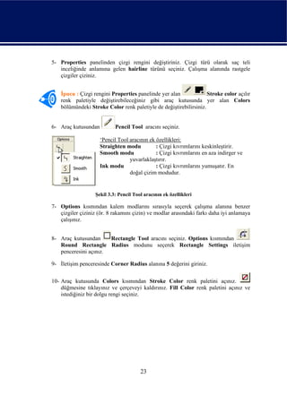 5- Properties panelinden çizgi rengini değiştiriniz. Çizgi türü olarak saç teli
   inceliğinde anlamına gelen hairline türünü seçiniz. Çalışma alanında rastgele
   çizgiler çiziniz.


    İpucu : Çizgi rengini Properties panelinde yer alan             Stroke color açılır
    renk paletiyle değiştirebileceğiniz gibi araç kutusunda yer alan Colors
    bölümündeki Stroke Color renk paletiyle de değiştirebilirsiniz.


6- Araç kutusundan          Pencil Tool aracını seçiniz.

                     ‘Pencil Tool aracının ek özellikleri:
                     Straighten modu          : Çizgi kıvrımlarını keskinleştirir.
                     Smooth modu              : Çizgi kıvrımlarını en aza indirger ve
                                  yuvarlaklaştırır.
                     Ink modu                 : Çizgi kıvrımlarını yumuşatır. En
                                  doğal çizim modudur.


                   Şekil 3.3: Pencil Tool aracının ek özellikleri

7- Options kısmından kalem modlarını sırasıyla seçerek çalışma alanına benzer
   çizgiler çiziniz (ör. 8 rakamını çizin) ve modlar arasındaki farkı daha iyi anlamaya
   çalışınız.


8- Araç kutusundan     Rectangle Tool aracını seçiniz. Options kısmından
   Round Rectangle Radius modunu seçerek Rectangle Settings iletişim
   penceresini açınız.

9- İletişim penceresinde Corner Radius alanına 5 değerini giriniz.


10- Araç kutusunda Colors kısmından Stroke Color renk paletini açınız.
    düğmesine tıklayınız ve çerçeveyi kaldırınız. Fill Color renk paletini açınız ve
    istediğiniz bir dolgu rengi seçiniz.




                                        23
 