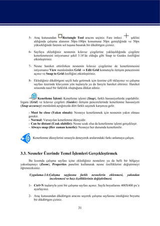 5- Araç kutusundan       Rectangle Tool aracını seçiniz. Fare imleci  şeklini
         aldığında çalışma alanının 50px-100px konumuna 50px genişliğinde ve 50px
         yüksekliğinde farenin sol tuşuna basarak bir dikdörtgen çiziniz.

      6- Sayfaya eklediğiniz nesnenin kılavuz çizgilerine yaklaşıldığında çizgilere
         kenetlenmesini istiyorsanız şekil 3.18’de olduğu gibi Snap to Guides özelliğini
         etkinleştiriniz.

      7- Nesne hareket ettirilirken nesnenin kılavuz çizgilerine de kenetlenmesini
         istiyorsanız View menüsünden Grid → Edit Grid komutuyla iletişim penceresini
         açınız ve Snap to Grid özelliğini etkinleştiriniz.

      8- Eklediğiniz dikdörtgeni seçili hale getirmek için üzerine çift tıklayınız ve çalışma
         sayfası üzerinde klavyenin yön tuşlarıyla ya da fareyle hareket ettiriniz. Hareket
         sırasında nasıl bir farklılık oluştuğuna dikkat ediniz.


             Kenetleme İşlemi: Kenetleme işlemi (Snap), farklı hassasiyetlerde yapılabilir.
Izgara (Grid) ve kılavuz çizgileri (Guides) iletişim pencerelerinde kenetlenme hassasiyeti
(Snap accuracy) menüsünü açtığınızda dört farklı seçenek karşınıza gelir.

      - Must be close (Yakın olmalı): Nesneye kenetlenmek için nesnenin yakın olması
      gerekir.
      - Normal: Varsayılan kenetlenme düzeyidir.
      - Can be distant (Uzak olabilir): Nesne uzak olsa da kenetlenme işlemi gerçekleşir.
      - Always snap (Her zaman kenetle): Nesneye her durumda kenetlenilir.


         Kenetlenme düzeylerini sırasıyla deneyerek aralarındaki farkı anlamaya çalışın.



3.3. Nesneler Üzerinde Temel İşlemleri Gerçekleştirmek
      Bu kısımda çalışma sayfası içine eklediğiniz nesnelere ya da belli bir bölgeye
yakınlaşmayı (Zoom), Properties panelini kullanarak nesne özelliklerini değiştirmeyi
öğreneceksiniz.

      Uygulama-3.6:Çalışma sayfasına farklı nesnelerin eklenmesi,                  yakından
                   incelenmesi ve bazı özelliklerinin değiştirilmesi.

      1- Ctrl+N tuşlarıyla yeni bir çalışma sayfası açınız. Sayfa boyutlarını 400X400 px’e
         ayarlayınız.

      2- Araç kutusundan dikdörtgen aracını seçerek çalışma sayfasına istediğiniz boyutta
         bir dikdörtgen çiziniz.

                                            31
 