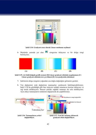Şekil 3.34: Gradyent aracı olarak Linear modunun seçilmesi

   6- Menünün yanında yer alan                  simgesine tıklayınız ve bir dolgu rengi
      belirleyiniz.




             (A)                   (B)                (C)                (D)

Şekil 3.35: (A) Solid dolgulu grafik nesnesi (B) Linear gradyent etkisinin uygulanması (C)
          Linear gradyent etkisinin ters çevrilmesi (D) Ara gradyentin eklenmesi

   7- Şeklinizin dolgu renginin yoğundan aza doğru değiştiğini görmeniz gerekir.

   8- Ton değişimini renk değiştirme tutamaçları yardımıyla farklılaştırabilirsiniz.
      Şekil 3.36’da görüldüğü gibi fare imlecini soldaki tutamacın üzerine tıklayınız ve
      sağ tarafa sürükleyiniz. Benzer şekilde sağdaki tutamacı da sola sürükleyiniz.
      Aynı etkiyi tutamaçların renklerini değiştirerek de yapabilirsiniz.




   Şekil 3.36: Tutamaçların yerleri             Şekil 3.37: Yeni bir tutamaç eklenerek
             değiştiriliyor.                         gradyent etkisi değiştiriliyor.


                                           42
 
