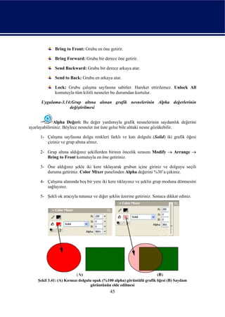 Bring to Front: Grubu en öne getirir.

             Bring Forward: Grubu bir derece öne getirir.

             Send Backward: Grubu bir derece arkaya atar.

             Send to Back: Grubu en arkaya atar.

             Lock: Grubu çalışma sayfasına sabitler. Hareket ettirilemez. Unlock All
             komutuyla tüm kilitli nesneler bu durumdan kurtulur.

      Uygulama-3.14:Grup altına alınan grafik nesnelerinin Alpha değerlerinin
                   değiştirilmesi


              Alpha Değeri: Bu değer yardımıyla grafik nesnelerinin saydamlık değerini
ayarlayabilirsiniz. Böylece nesneler üst üste gelse bile alttaki nesne gözükebilir.

     1- Çalışma sayfasına dolgu renkleri farklı ve katı dolgulu (Solid) iki grafik öğesi
        çiziniz ve grup altına alınız.

     2- Grup altına aldığınız şekillerden birinin öncelik sırasını Modify → Arrange →
        Bring to Front komutuyla en öne getiriniz.

     3- Öne aldığınız şekle iki kere tıklayarak grubun içine giriniz ve dolguyu seçili
        duruma getiriniz. Color Mixer panelinden Alpha değerini %30’a çekiniz.

     4- Çalışma alanında boş bir yere iki kere tıklayınız ve şeklin grup moduna dönmesini
        sağlayınız.

     5- Şekli ok aracıyla tutunuz ve diğer şeklin üzerine getiriniz. Sonuca dikkat ediniz.




    Şekil 3.41: (A) Kırmızı dolgulu opak (%100 alpha) görüntülü grafik öğesi (B) Saydam
                                   görüntünün elde edilmesi
                                            45
 