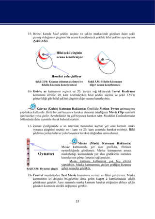 15- Birinci karede hilal şeklini seçiniz ve şeklin merkezinde gözüken daire şekli
          çizmiş olduğunuz çizginin bir ucuna kenetlenecek şekilde hilal şeklini ayarlayınız
          (Şekil 3.54).




            Şekil 3.54: Kılavuz yolunun çizilmesi ve     Şekil 3.55: Hilalin kılavuzun
                  hilalin kılavuza kenetlenmesi           diğer ucuna kenetlenmesi

      16- Guide: ay katmanını seçiniz ve 20. kareye sağ tıklayarak Insert Keyframe
          komutunu veriniz. 20. kare üzerindeyken hilal şeklini seçiniz ve şekil 3.55’te
          gösterildiği gibi hilal şeklini çizginin diğer ucuna kenetleyiniz.


              Kılavuz (Guide) Katmanı Hakkında: Özellikle Motion Tween animasyonu
yapılırken kullanılır. Belli bir yol boyunca hareket etmesini istediğiniz Movie Clip sembolü
için hareket yolu çizilir. Sembolünüz bu yol boyunca hareket eder. Modülün Canlandırmalar
bölümünde daha ayrıntılı olarak bahsedilecektir.

      17- Zaman çizelgesinde o an üzerinde bulunulan karede yer alan kırmızı renkli
          oynatıcı çizgisini seçiniz ve 1.kare ve 20. kare arasında hareket ettiriniz. Hilal
          şeklinin çizilen kılavuz yolu boyunca hareket ettiğinden emin olunuz.


                                                  Maske (Mask) Katmanı Hakkında:
                                    Maske katmanında yer alan grafikler, filminiz
                                    oynatıldığında gözükmez. Maske katmanının amacı
                                    maskelediği katmanlarda yer alan grafiklerin istenilen
                                    kısımlarının gösterilmesini sağlamaktır.
                                          Maske katmanı kullanarak çok hoş etkiler
                                    yapılabilir. Maske katmanında çizilen grafiğin hizasına
     Şekil 3.56: Oynatıcı çizgisi   gelen nesneler gözükür.

      18- Control menüsünden Test Movie komutunu veriniz ve filmi çalıştırınız. Maske
          katmanının içi dolgulu bölgelerine denk gelen Layer 2 katmanındaki şeklin
          gözükmesi gerekir. Aynı zamanda maske katmanı hareket ettiğinden dolayı şeklin
          gözüken kısmının sürekli değişmesi gerekir.




                                               53
 