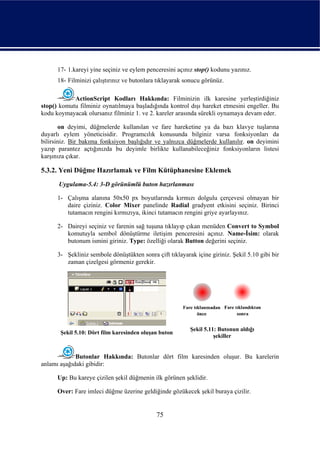 17- 1.kareyi yine seçiniz ve eylem penceresini açınız stop() kodunu yazınız.
      18- Filminizi çalıştırınız ve butonlara tıklayarak sonucu görünüz.

            ActionScript Kodları Hakkında: Filminizin ilk karesine yerleştirdiğiniz
stop() komutu filminiz oynatılmaya başladığında kontrol dışı hareket etmesini engeller. Bu
kodu koymayacak olursanız filminiz 1. ve 2. kareler arasında sürekli oynamaya devam eder.

       on deyimi, düğmelerde kullanılan ve fare hareketine ya da bazı klavye tuşlarına
duyarlı eylem yöneticisidir. Programcılık konusunda bilginiz varsa fonksiyonları da
bilirsiniz. Bir bakıma fonksiyon başlığıdır ve yalnızca düğmelerde kullanılır. on deyimini
yazıp parantez açtığınızda bu deyimle birlikte kullanabileceğiniz fonksiyonların listesi
karşınıza çıkar.

5.3.2. Yeni Düğme Hazırlamak ve Film Kütüphanesine Eklemek
      Uygulama-5.4: 3-D görünümlü buton hazırlanması

      1- Çalışma alanına 50x50 px boyutlarında kırmızı dolgulu çerçevesi olmayan bir
         daire çiziniz. Color Mixer panelinde Radial gradyent etkisini seçiniz. Birinci
         tutamacın rengini kırmızıya, ikinci tutamacın rengini griye ayarlayınız.

      2- Daireyi seçiniz ve farenin sağ tuşuna tıklayıp çıkan menüden Convert to Symbol
         komutuyla sembol dönüştürme iletişim penceresini açınız. Name-İsim: olarak
         butonum ismini giriniz. Type: özelliği olarak Button değerini seçiniz.

      3- Şekliniz sembole dönüştükten sonra çift tıklayarak içine giriniz. Şekil 5.10 gibi bir
         zaman çizelgesi görmeniz gerekir.




                                                          Şekil 5.11: Butonun aldığı
       Şekil 5.10: Dört film karesinden oluşan buton
                                                                    şekiller


             Butonlar Hakkında: Butonlar dört film karesinden oluşur. Bu karelerin
anlamı aşağıdaki gibidir:

      Up: Bu kareye çizilen şekil düğmenin ilk görünen şeklidir.

      Over: Fare imleci düğme üzerine geldiğinde gözükecek şekil buraya çizilir.


                                             75
 