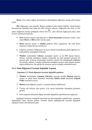 Down: Fare imleci düğme üzerindeyken tıklandığında düğmenin alacağı şekil buraya
çizilir.

      Hit: Düğmenin vuruş alanıdır. Buraya çizdiğiniz şekil önemli değildir. Ancak buraya
butonunuzun kapladığı alan kadar bir şekil çizmeye çalışınız. Düğmenin etki alanı ve fare
imleci düğmenin üzerine geldiğinde imlecin el (     ) şekli almasını sağlayacak yüzey alanı
bu kare yardımıyla belirlenir.

      4- Over karesini seçiniz, sağ tıklayınız ve Insert Keyframe komutunu veriniz. Aynı
         işlemi Down ve Hit kareleri için de yapın.

      5- Down karesini seçiniz ve Radial gradyent etkisi uygulayınız. Bu sefer ikinci
         tutamacın rengini beyaza ayarlayınız.

      6- Filminizi oynatınız. Düğmenize üç boyut etkisini kazandırmak grafik öğelerini iyi
         kullanabilme yeteneğinize kalmıştır.

      7- Window menüsünden Library seçeneğini seçiniz ya da F11 tuşuna basınız.
         Ekrana, üzerinde çalıştığınız çalışma sayfasında yer alan nesneleri gösteren bir
         pencere gelir. Çalışma sayfasındaki nesneleri silseniz bile kütüphanede (Library)
         bu nesneler saklanır. Listeden kullanmak istediğiniz nesneyi seçip çalışma alanına
         doğru sürükleyiniz. Bu şekilde bir nesnenin sayısız örneğini oluşturabilirsiniz.

5.3.3. Flash Düğmeleri Üzerinde Değişiklik Yapmak
       Uygulama-5.5: Flash düğmeleri üzerinde değişiklik yapılması

      1- Window menüsünden Common Libraries seçeneği altından Buttons değerini
         seçiniz ve çıkan buton klasörleri listesinden button assets klasörünü Expand
         Folder komutuyla açınız.

      2- Button isimli düğmeyi seçiniz ve çalışma alanına sürükleyiniz.

      3- Üzerine çift tıklayıp içine giriniz. Çok sayıda katmandan oluştuğunu görmeniz
         gerekir.

      4- Kilit simgesini tıklayarak düğme üzerinde değişiklik yapılabilmesini sağlayınız.

      İstediğiniz katmanın istediğiniz karesinde her türlü değişiklik yapabilirsiniz. Ancak bu
değişiklikler kalıcı duruma gelmez. Çalışma alanını kapadığınızda üzerinde değişiklik
yaptığınız buton eski durumuna gelir.




                                             76
 