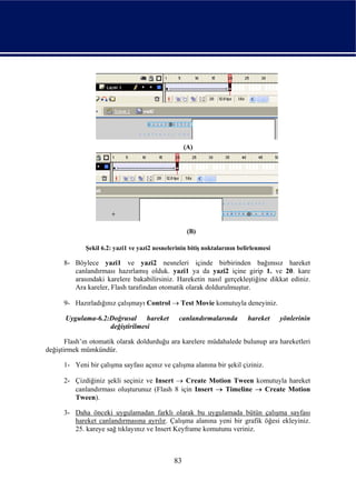Şekil 6.2: yazi1 ve yazi2 nesnelerinin bitiş noktalarının belirlenmesi

      8- Böylece yazi1 ve yazi2 nesneleri içinde birbirinden bağımsız hareket
         canlandırması hazırlamış olduk. yazi1 ya da yazi2 içine girip 1. ve 20. kare
         arasındaki karelere bakabilirsiniz. Hareketin nasıl gerçekleştiğine dikkat ediniz.
         Ara kareler, Flash tarafından otomatik olarak doldurulmuştur.

      9- Hazırladığınız çalışmayı Control → Test Movie komutuyla deneyiniz.

      Uygulama-6.2:Doğrusal hareket             canlandırmalarında        hareket     yönlerinin
                   değiştirilmesi

       Flash’ın otomatik olarak doldurduğu ara karelere müdahalede bulunup ara hareketleri
değiştirmek mümkündür.

      1- Yeni bir çalışma sayfası açınız ve çalışma alanına bir şekil çiziniz.

      2- Çizdiğiniz şekli seçiniz ve Insert → Create Motion Tween komutuyla hareket
         canlandırması oluşturunuz (Flash 8 için Insert → Timeline → Create Motion
         Tween).

      3- Daha önceki uygulamadan farklı olarak bu uygulamada bütün çalışma sayfası
         hareket canlandırmasına ayrılır. Çalışma alanına yeni bir grafik öğesi ekleyiniz.
         25. kareye sağ tıklayınız ve Insert Keyframe komutunu veriniz.



                                              83
 