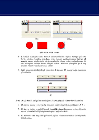 Şekil 6.3: 1. ve 25. kareler

 4- 1. kareye eklediğiniz şekil hareket canlandırmasının dışında kaldığı için şekil
    6.3’te gözüken bozulma meydana gelir. Hareket canlandırmasını belirten ok
    simgesi zaman çizelgesinde gözükmemektedir. Onun yerine canlandırmada bir
    hata olduğunu belirten kesikli çizgiler vardır. Sonradan çizdiğiniz şekli silgi
    aracının Faucet yardımcı aracıyla siliniz.

 5- Şekil tamamen silindiğinde ok simgesinin 1. kareden 25. kareye kadar oluştuğunu
    görmelisiniz.




Şekil 6.4: (A) Zaman çizelgesinin alması gereken şekli. (B) Ara anahtar kare eklenmesi

 6- 25. kareye gidiniz ve movie clip nesnenizi farklı bir yere taşıyınız (Şekil 6.4-A-).

 7- 10. kareye gidiniz ve sağ tıklayarak Insert Keyframe komutunu veriniz. Okun iki
    ayrı ok olarak bölündüğünü görmeniz gerekir (Şekil 6.4-B-).

 8- 10. karedeki şekli başka bir yere sürükleyiniz ve canlandırmanızı çalıştırıp farka
    dikkat ediniz.




                                          84
 
