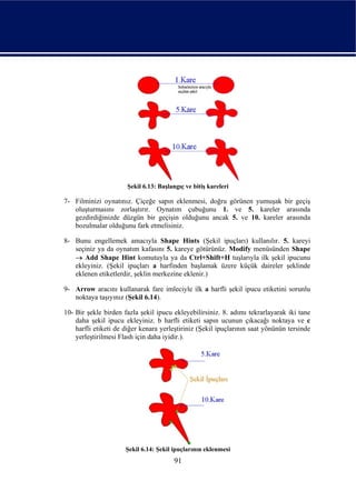 Şekil 6.13: Başlangıç ve bitiş kareleri

7- Filminizi oynatınız. Çiçeğe sapın eklenmesi, doğru görünen yumuşak bir geçiş
   oluşturmasını zorlaştırır. Oynatım çubuğunu 1. ve 5. kareler arasında
   gezdirdiğinizde düzgün bir geçişin olduğunu ancak 5. ve 10. kareler arasında
   bozulmalar olduğunu fark etmelisiniz.

8- Bunu engellemek amacıyla Shape Hints (Şekil ipuçları) kullanılır. 5. kareyi
   seçiniz ya da oynatım kafasını 5. kareye götürünüz. Modify menüsünden Shape
   → Add Shape Hint komutuyla ya da Ctrl+Shift+H tuşlarıyla ilk şekil ipucunu
   ekleyiniz. (Şekil ipuçları a harfinden başlamak üzere küçük daireler şeklinde
   eklenen etiketlerdir, şeklin merkezine eklenir.)

9- Arrow aracını kullanarak fare imleciyle ilk a harfli şekil ipucu etiketini sorunlu
   noktaya taşıyınız (Şekil 6.14).

10- Bir şekle birden fazla şekil ipucu ekleyebilirsiniz. 8. adımı tekrarlayarak iki tane
    daha şekil ipucu ekleyiniz. b harfli etiketi sapın ucunun çıkacağı noktaya ve c
    harfli etiketi de diğer kenara yerleştiriniz (Şekil ipuçlarının saat yönünün tersinde
    yerleştirilmesi Flash için daha iyidir.).




                      Şekil 6.14: Şekil ipuçlarının eklenmesi
                                        91
 
