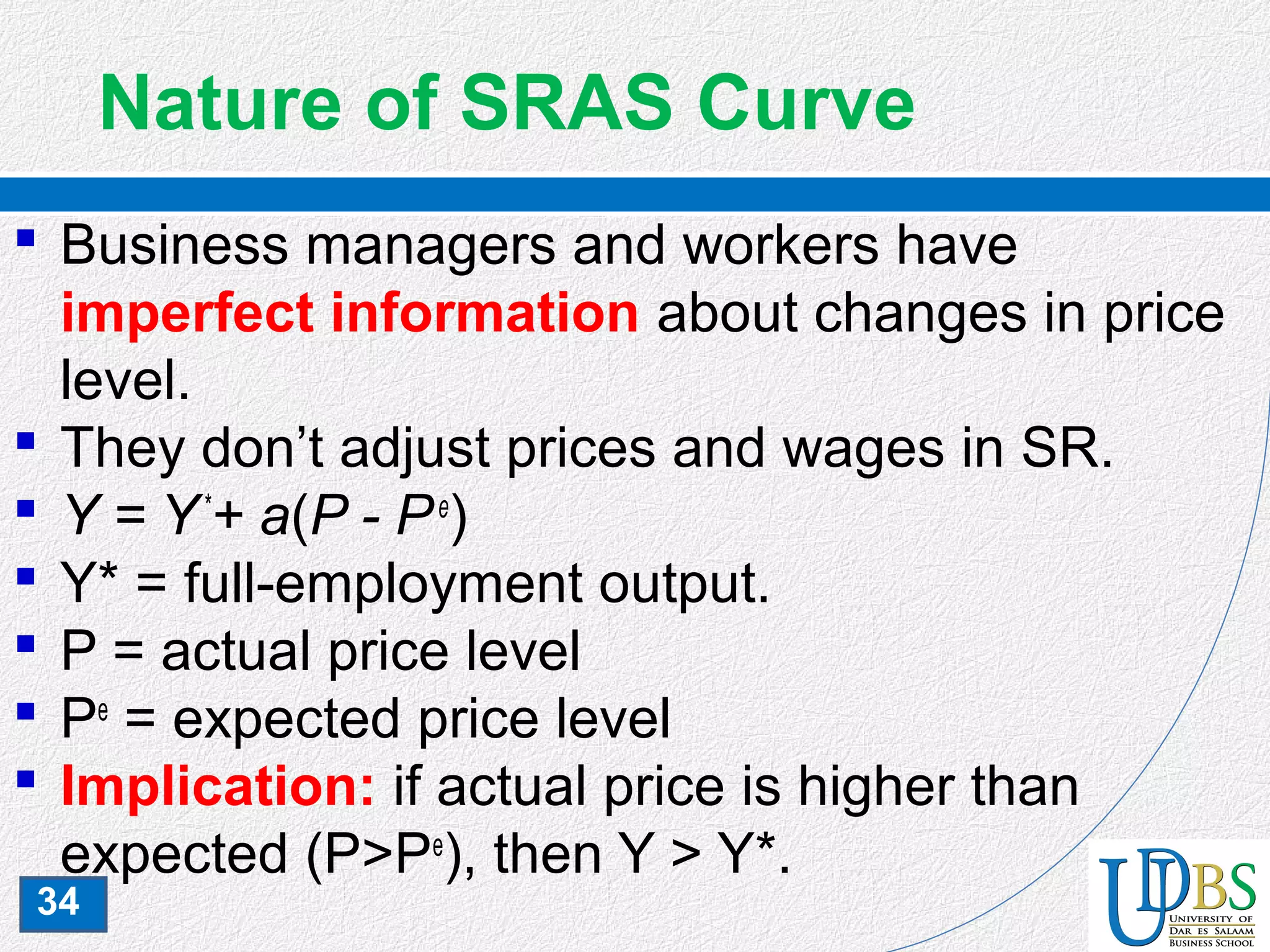 34
Nature of SRAS Curve
 Business managers and workers have
imperfect information about changes in price
level.
 They don’t adjust prices and wages in SR.
 Y = Y*
+ a(P - Pe
)
 Y* = full-employment output.
 P = actual price level
 Pe
= expected price level
 Implication: if actual price is higher than
expected (P>Pe
), then Y > Y*.
 