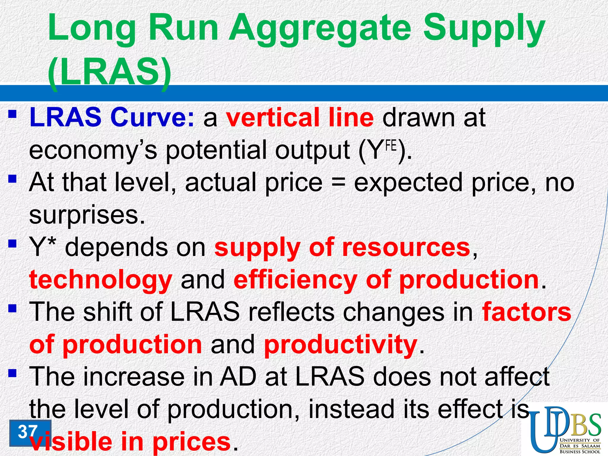 37
Long Run Aggregate Supply
(LRAS)
 LRAS Curve: a vertical line drawn at
economy’s potential output (YFE
).
 At that level, actual price = expected price, no
surprises.
 Y* depends on supply of resources,
technology and efficiency of production.
 The shift of LRAS reflects changes in factors
of production and productivity.
 The increase in AD at LRAS does not affect
the level of production, instead its effect is
visible in prices.
 