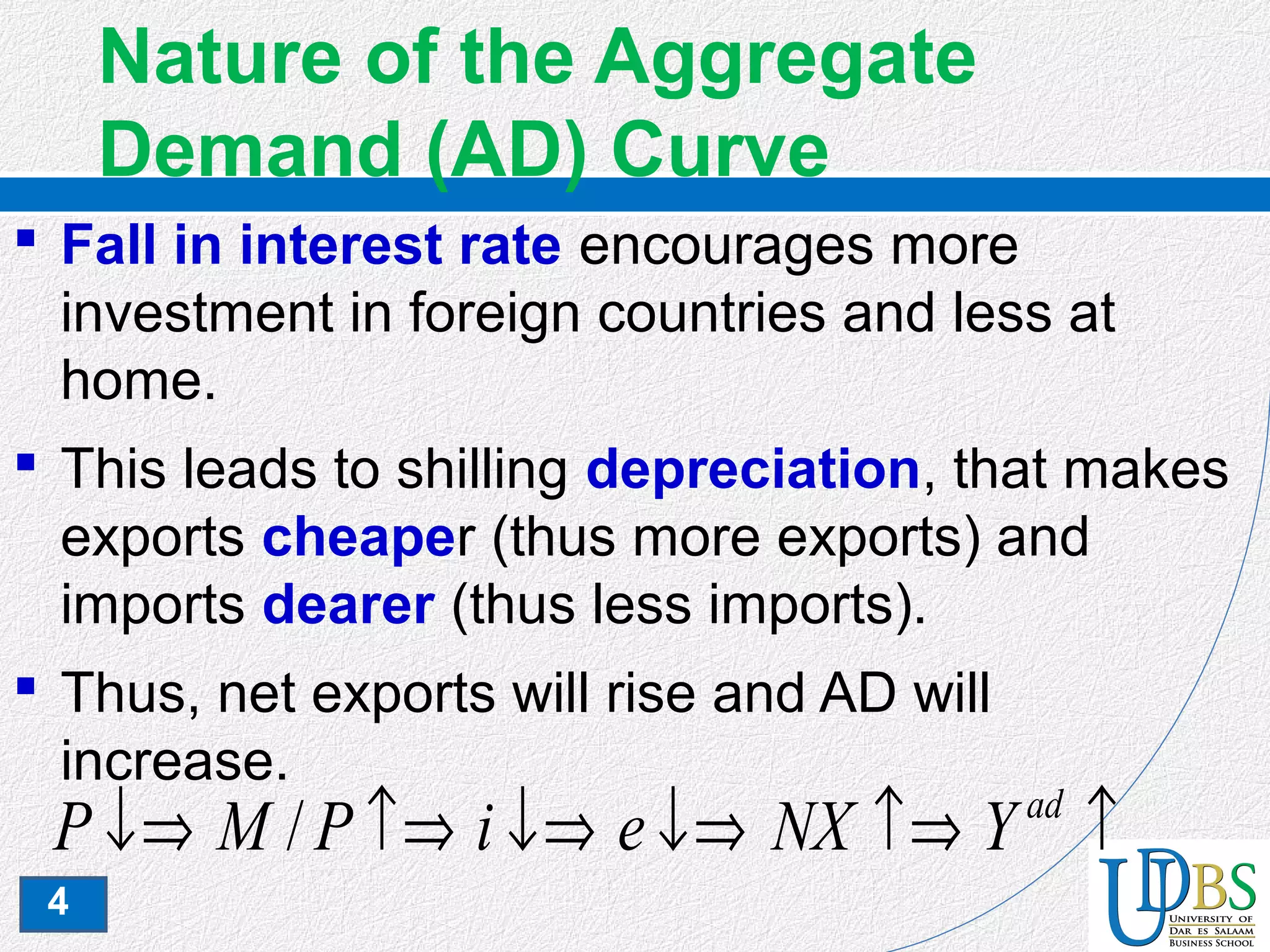 4
Nature of the Aggregate
Demand (AD) Curve
 Fall in interest rate encourages more
investment in foreign countries and less at
home.
 This leads to shilling depreciation, that makes
exports cheaper (thus more exports) and
imports dearer (thus less imports).
 Thus, net exports will rise and AD will
increase.
↑↑⇒↓⇒↓⇒↑⇒↓⇒ ad
YNXeiPMP /
 