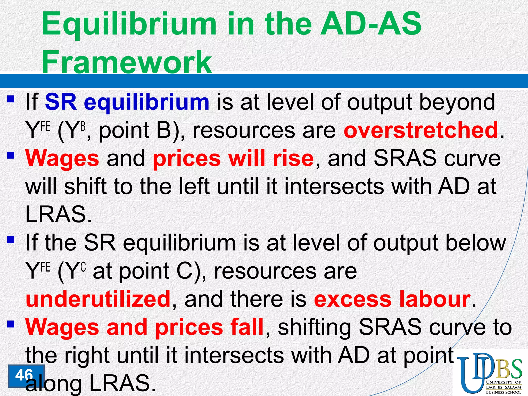 46
Equilibrium in the AD-AS
Framework
 If SR equilibrium is at level of output beyond
YFE
(YB
, point B), resources are overstretched.
 Wages and prices will rise, and SRAS curve
will shift to the left until it intersects with AD at
LRAS.
 If the SR equilibrium is at level of output below
YFE
(YC
at point C), resources are
underutilized, and there is excess labour.
 Wages and prices fall, shifting SRAS curve to
the right until it intersects with AD at point
along LRAS.
 