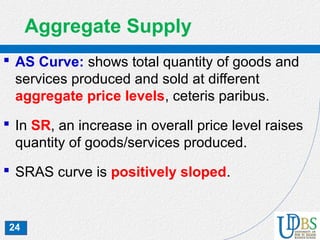 24
Aggregate Supply
 AS Curve: shows total quantity of goods and
services produced and sold at different
aggregate price levels, ceteris paribus.
 In SR, an increase in overall price level raises
quantity of goods/services produced.
 SRAS curve is positively sloped.
 