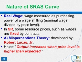 33
Nature of SRAS Curve
 Real Wage: wage measured as purchasing
power of a wage shilling (nominal wage
divided by price level).
 In SR, some resource prices, such as wages
are fixed by contracts.
 A) Misperceptions Theory: developed by
Robert Lucas, Jr.
 Holds: “Output increases when price level is
higher than expected.”
 