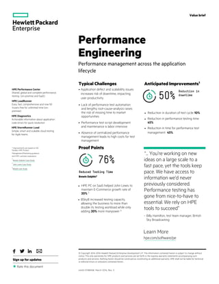 Value brief
Typical Challenges  
Learn More
hpe.com/software/pe
Performance
Engineering
Performance management across the application
lifecycle 
HPE Performance Center
Shared, global and complete performance
testing (on-premise and SaaS)
HPE LoadRunner
Easy, fast, comprehensive and now 50
Vusers free for unlimited time (on-
premise)
Sign up for updates
Rate this document
© Copyright 2014-2016 Hewlett Packard Enterprise Development LP. The information contained herein is subject to change without
notice. The only warranties for HPE products and services are set forth in the express warranty statements accompanying such
products and services. Nothing herein should be construed as constituting an additional warranty. HPE shall not be liable for technical
or editorial errors or omissions contained herein.
4AA5-5118ENW, March 2016, Rev. 3

1
Improvements are based on IDC
Studies, HPE Product
Management/Marketing guidance
and HPE customer experience
• Application defect and scalability issues
increases risk of downtime, impacting
user productivity.
• Lack of performance test automation
and lengthy root-cause-analysis raises
the risk of missing time to market
opportunities
• Performance test script development
and maintenance is labor intensive
• Absence of centralized performance
management leads to high costs for test
management
Anticipated Improvements1
Reduction in
downtime
50%
• Reduction in duration of test cycle: 10%
• Reduction in performance testing time:
45%
• Reduction in time for performance test
management: 45%
Proof Points
76%
Reduced Testing Time
Brewin Dolphin2
• HPE PC on SaaS helped John Lewis to
maintain E-Commerce growth rate of
20% 3
• BSkyB increased testing capacity,
allowing the business to more than
double its testing workload while only
adding 20% more manpower 4
“... You’re working on new
ideas on a large scale to a
fast pace, yet the tools keep
pace. We have access to
information we’d never
previously considered.
Performance testing has
gone from nice-to-have to
essential. We rely on HPE
tools to succeed”
– Billy Hamilton, test team manager, British
Sky Broadcasting
HPE Diagnostics
Actionable information about application
code errors for quick resolution
HPE StormRunner Load
Simple, smart and scalable cloud testing
for Agile teams
Brewin Dolphin Case Study
2
John Lewis Case Study
3
BSkyB Case Study
4
 