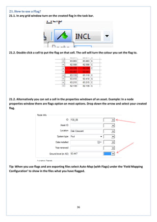36 
21. How to use a Flag? 
21.1. In any grid window turn on the created flag in the task bar. 
21.2. Double click a cell to put the flag on that cell. The cell will turn the colour you set the flag to. 
21.2. Alternatively you can set a cell in the properties windown of an asset. Example: In a node properties window there are flags option on most options. Drop down the arrow and select your created flag. 
Tip: When you use flags and are exporting files select Auto-Map (with Flags) under the ‘Field Mapping Configuration’ to show in the files what you have flagged.  