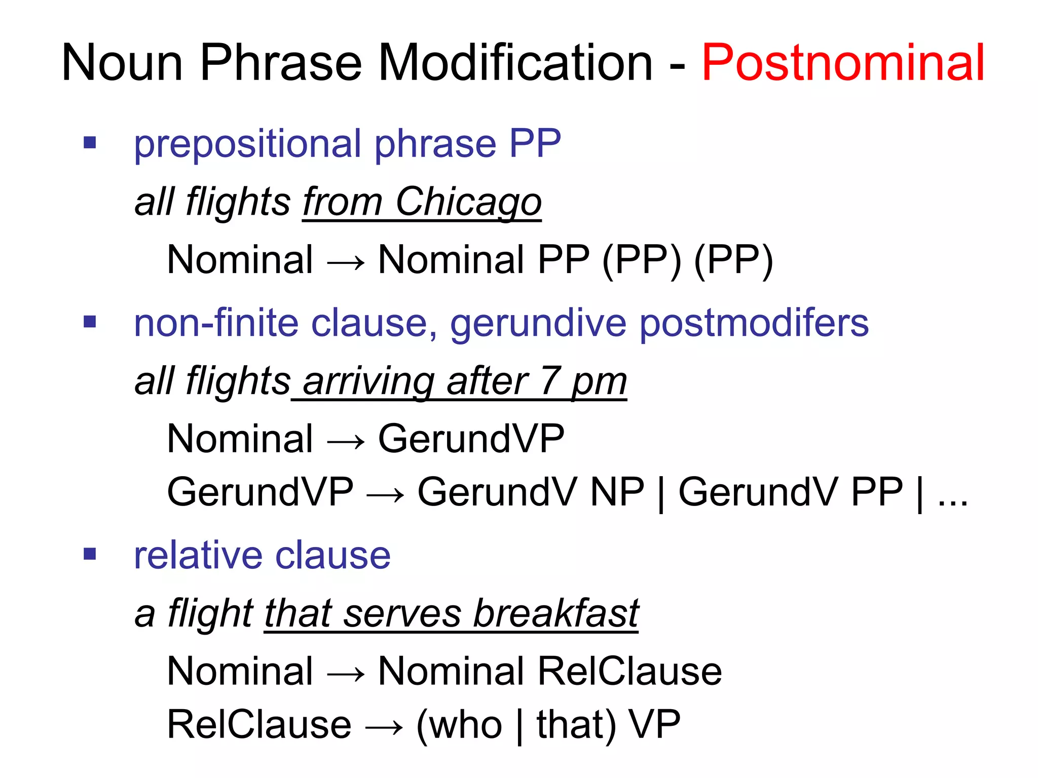 Noun Phrase Modification - Postnominal
 prepositional phrase PP
all flights from Chicago
Nominal → Nominal PP (PP) (PP)
 non-finite clause, gerundive postmodifers
all flights arriving after 7 pm
Nominal → GerundVP
GerundVP → GerundV NP | GerundV PP | ...
 relative clause
a flight that serves breakfast
Nominal → Nominal RelClause
RelClause → (who | that) VP
 