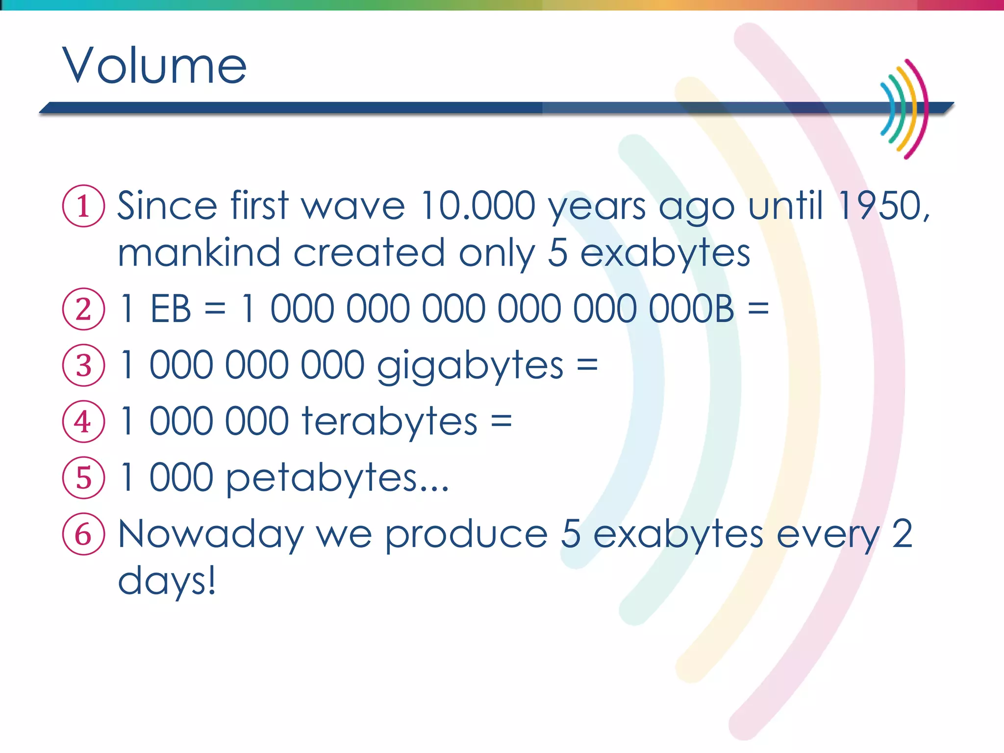 Volume 
①Since first wave 10.000 years ago until 1950, mankind created only 5 exabytes 
②1 EB = 1 000 000 000 000 000 000B = 
③1 000 000 000 gigabytes = 
④1 000 000 terabytes = 
⑤1 000 petabytes... 
⑥Nowaday we produce 5 exabytes every 2 days!  