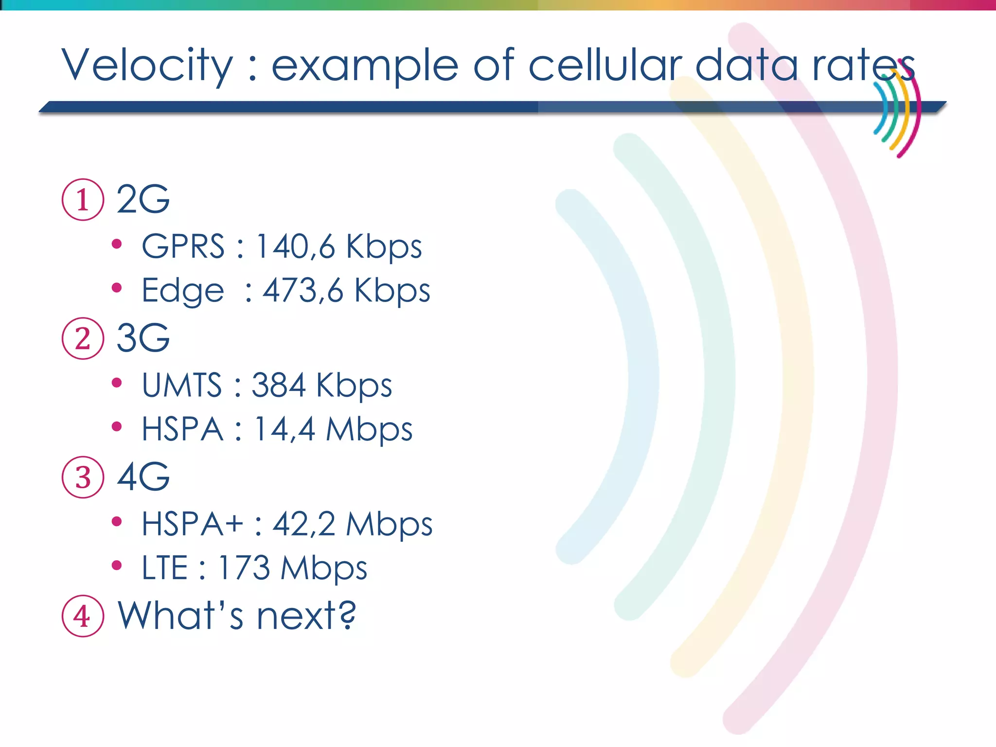 Velocity : example of cellular data rates 
①2G 
•GPRS : 140,6 Kbps 
•Edge : 473,6 Kbps 
②3G 
•UMTS : 384 Kbps 
•HSPA : 14,4 Mbps 
③4G 
•HSPA+ : 42,2 Mbps 
•LTE : 173 Mbps 
④What’s next?  