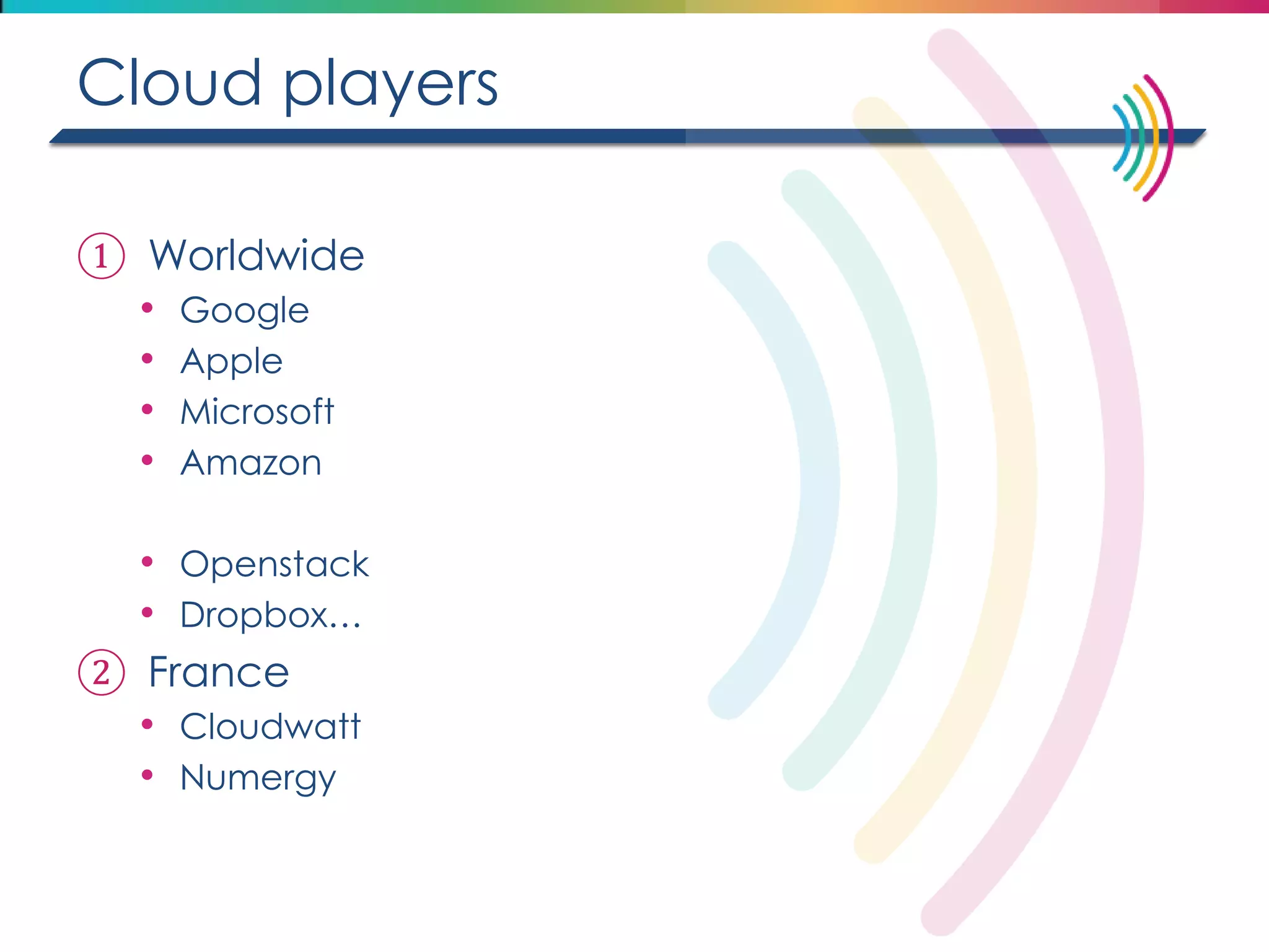 Cloud players 
①Worldwide 
•Google 
•Apple 
•Microsoft 
•Amazon 
•Openstack 
•Dropbox… 
②France 
•Cloudwatt 
•Numergy  