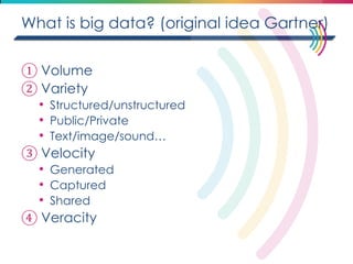 What is big data? (original idea Gartner) 
①Volume 
②Variety 
•Structured/unstructured 
•Public/Private 
•Text/image/sound… 
③Velocity 
•Generated 
•Captured 
•Shared 
④Veracity  