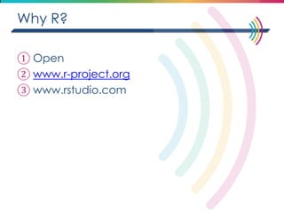 Why R? 
①Open 
②www.r-project.org 
③www.rstudio.com  