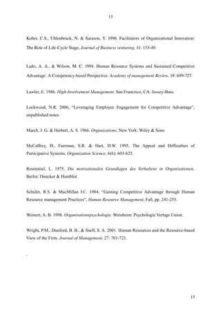 13



Kober, C.S., Uhlenbruck, N. & Sarason, Y. 1996. Facilitators of Organizational Innovation: 

The Role of Life­Cycle Stage, Journal of Business venturing, 11: 133­49.



Lado, A. A., & Wilson, M. C. 1994. Human Resource Systems and Sustained Competitive 

Advantage: A Competency­based Perspective. Academy of management Review, 19: 699­727.


Lawler, E. 1986. High-Involvement Management, San Francisco, CA: Jossey-Bass.


Lockwood, N.R. 2006, “Leveraging Employee Engagement for Competitive Advantage”,
unpublished notes.


March, J. G. & Herbert, A. S. 1966. Organizations, New York: Wiley & Sons.


McCaffrey, D., Faerman, S.R. & Hart, D.W. 1995. The Appeal and Difficulties of
Participative Systems. Organization Science, 6(6): 603-625.


Rosenstiel, L. 1975. Die motivationalen Grundlagen des Verhaltens in Organisationen,
Berlin: Duncker & Humblot.


Schuler, R.S. & MacMillan I.C. 1984, “Gaining Competitive Advantage through Human
Resource management Practices”, Human Resource Management, Fall, pp. 241-255.


Weinert, A. B. 1998. Organisationspsychologie, Weinheim: Psychologie Verlags Union.


Wright, P.M., Dunford, B. B., & Snell, S. A. 2001. Human Resources and the Resource-based
View of the Firm. Journal of Management, 27: 701-721.


.




                                                                                        13
 