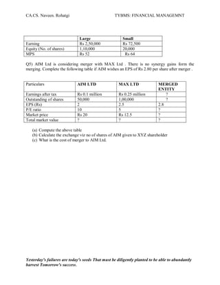 CA.CS. Naveen. Rohatgi                            TYBMS: FINANCIAL MANAGEMNT




                              Large                    Small
Earning                       Rs 2,50,000              Rs 72,500
Equity (No. of shares)        1,10,000                 20,000
MPS                           Rs 52                     Rs 64

Q5) AIM Ltd is considering merger with MAX Ltd . There is no synergy gains form the
merging. Complete the following table if AIM wishes an EPS of Rs 2.80 per share after merger .


Particulars                  AIM LTD                 MAX LTD               MERGED
                                                                           ENTITY
Earnings after tax           Rs 0.1 million          Rs 0.25 million           ?
Outstanding of shares        50,000                  1,00,000                  ?
EPS (Rs)                     2                       2.5                   2.8
P/E ratio                    10                      5                     ?
Market price                 Rs 20                   Rs 12.5               ?
Total market value           ?                       ?                     ?

   (a) Compute the above table
   (b) Calculate the exchange viz no of shares of AIM given to XYZ shareholder
   (c) What is the cost of merger to AIM Ltd.




Yesterday's failures are today's seeds That must be diligently planted to be able to abundantly
harvest Tomorrow's success.
 
