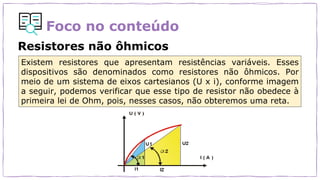 Foco no conteúdo
Resistores não ôhmicos
Existem resistores que apresentam resistências variáveis. Esses
dispositivos são denominados como resistores não ôhmicos. Por
meio de um sistema de eixos cartesianos (U x i), conforme imagem
a seguir, podemos verificar que esse tipo de resistor não obedece à
primeira lei de Ohm, pois, nesses casos, não obteremos uma reta.
 