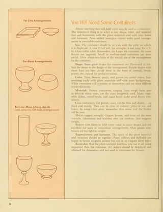 For Line Arrangements
For Mass Arrangements
For Line-Mass Arrangements
(also some line OR mass arrangements)
You Will Need Some Containers
Almost anything that will hold water may be used as a container.
The important thing is to select a size, shape, color, and material
that will harmonize with the plant materials and with your home
and furniture. Even skilled arrangers cannot make good arrange-
ments in unsuitable containers.
Size. The container should be in scale with the table on which
it is displayed. A vase 3 feet tall, for example, is too large for a 2-
by 4-foot coffee table. Remember, the larger the container, the more
flowers are required. Small or medium-sized containers are most
useful. Allow about two-fifths of the overall size of the arrangement
for the container.
Shape. Some good shapes for containers are illustrated at left.
Suit the shape to the design of the arrangement. Simple shapes with
clean lines are best. Avoid those in the form of animals, heads,
pianos, etc., except for special occasions.
Color. Tans, browns, grays, and greens are useful colors, har-
monizing easily with plant materials and with most backgrounds.
White containers call attention to themselves and are often difficult
to use effectively.
Materials. Pottery containers, ranging from rough bean pots
to delicate china vases, are the most frequently used. Many vege-
table dishes, cereal bowls, and sugar bowls make good flower con-
tainers.
Glass containers, like pottery ones, can be thin and dainty — or
thick and sturdy. They can be clear or colored ;
plain or cut and
fancy. In using clear glass, remember that stems and the holder
will be seen.
Metals suggest strength. Copper, bronze, and brass are the most
versatile. Aluminum and stainless steel are modern; iron suggests
weight.
Baskets with liners to hold water come in many shapes and are
excellent for mass or naturalistic arrangements. Most plastic con-
tainers are too light in weight.
Expressiveness and harmony. The spirit of the plant material
and container should go together. Pussy willows and daffodils are
happy in brown or green pottery but not in an elegant silver bowl.
Remember that the plant material and how you use it are more
important than the container. Art objects should be displayed and
admired for themselves and not used as containers for flowers.
I
 