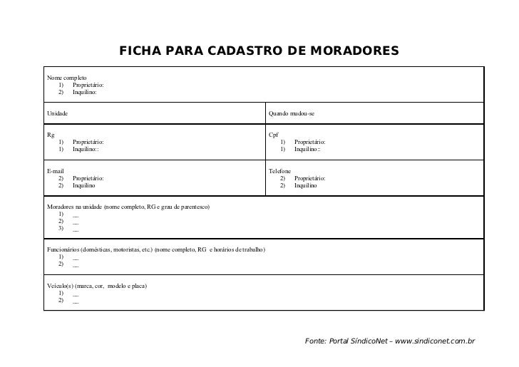 Ficha para cadastro de moradores de condomínios