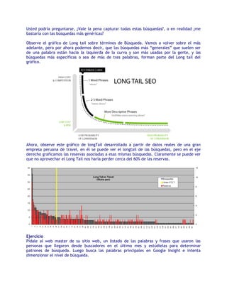 Usted podría preguntarse, ¿Vale la pena capturar todas estas búsquedas?, o en realidad ¿me
bastaría con las búsquedas más genéricas?

Observe el gráfico de Long tail sobre términos de Búsqueda. Vamos a volver sobre el más
adelante, pero por ahora podemos decir, que las búsquedas más “generales” que suelen ser
de una palabra están hacia la izquierda de la curva y son más usadas por la gente, y las
búsquedas más específicas o sea de más de tres palabras, forman parte del Long tail del
gráfico.




Ahora, observe este gráfico de longTail desarrollado a partir de datos reales de una gran
empresa peruana de travel, en él se puede ver el longtail de las búsquedas, pero en el eje
derecho graficamos las reservas asociadas a esas mismas búsquedas. Claramente se puede ver
que no aprovechar el Long Tail nos haría perder cerca del 60% de las reservas.




Ejercicio
Pidale al web master de su sitio web, un listado de las palabras y frases que usaron las
personas que llegaron desde buscadores en el último mes y estúdielas para determinar
patrones de búsqueda. Luego busca las palabras principales en Google Insight e intenta
dimensionar el nivel de búsqueda.
 