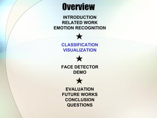 Overview
INTRODUCTION
RELATED WORK
EMOTION RECOGNITION

CLASSIFICATION
VISUALIZATION

FACE DETECTOR
DEMO

EVALUATION
FUTURE WORKS
CONCLUSION
QUESTIONS
 